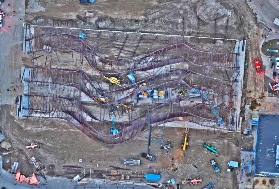 An overhead drone shot of the airplane hangar that was being built at the Jackson Jet Center near the Boise Airport, which collapsed on Jan. 31.