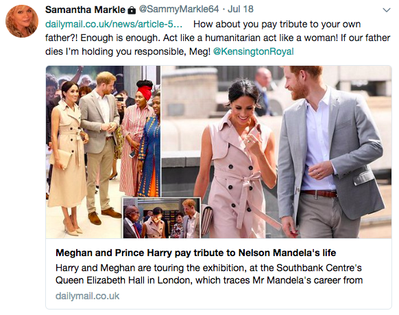 Samantha Markle verfasste am 18. Juli einen Tweet, der an ihre Halbschwester Meghan gerichtet war. [Bild: Twitter]