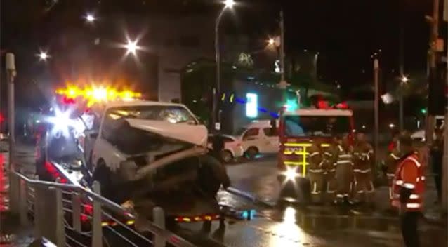 The car slammed into a tram stop. Source: 7 News