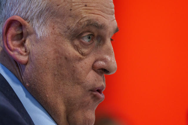 President of Spanish soccer league La Liga, Javier Tebas, speaks during a press conference in Madrid, Spain, Thursday, May 25, 2023. Spanish league president Javier Tebas said the league could end racism in six months if given more sanctioning powers. (AP Photo/Manu Fernandez)