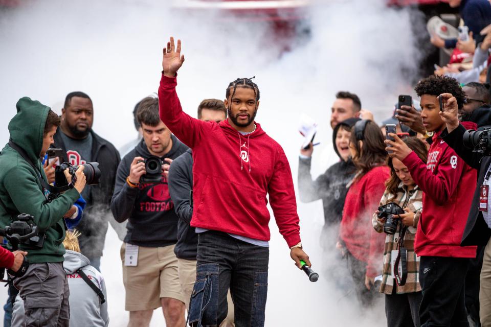 Kyler Murray walks on the field during the half of a spring scrimmage game at Norman Okla., on Saturday, April 22, 2023.