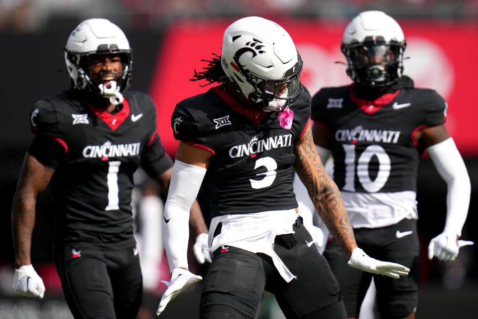Cincinnati Bearcats safety Deshawn Pace (3) reacts after tackling Baylor Bears wide receiver Monaray Baldwin (80) in the first quarter during a college football game between the Baylor Bears and the Cincinnati Bearcats, Saturday, Oct. 21, 2023, at Nippert Stadium in Cincinnati.