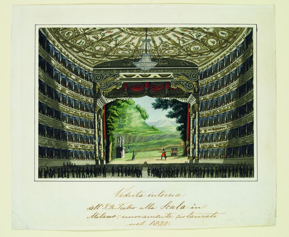 A 1830 rendering of the interior of La Scala in Milan is among the items on display in Opera: Passion, Power, and Politics at CaixaForum Madrid.