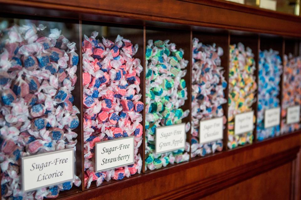 Sugar free taffy displayed in a candy shop.