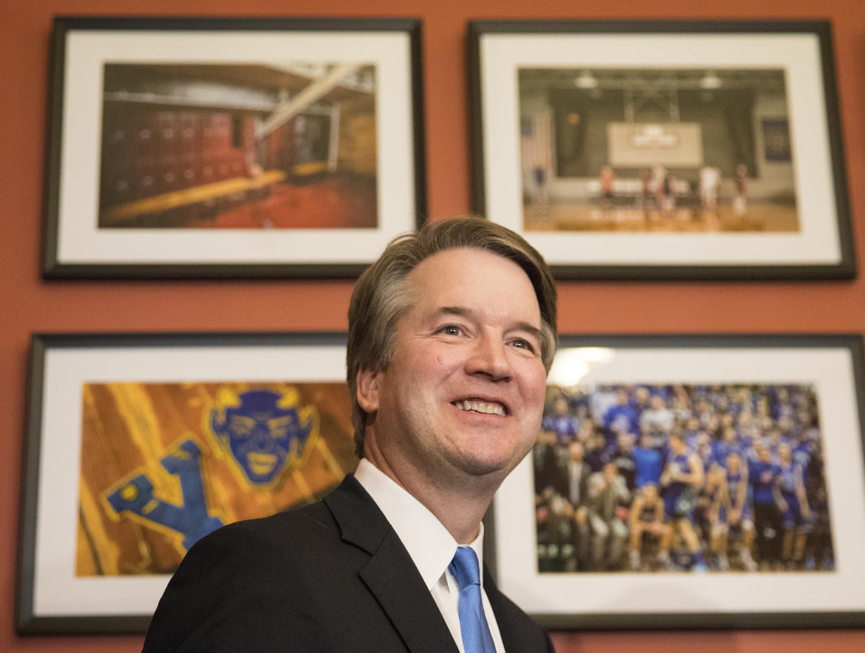 WASHINGTON, DC - JULY 17:  Supreme Court nominee Judge Brett Kavanagh meets with Sen. Todd Young (R-IN) on Capitol Hill on July 17, 2018 in Washington, DC. Kavanaugh is meeting with members of the Senate after U.S. President Donald Trump nominated him to succeed retiring Supreme Court Associate Justice Anthony Kennedy. (Photo by Alex Wroblewski/Getty Images)