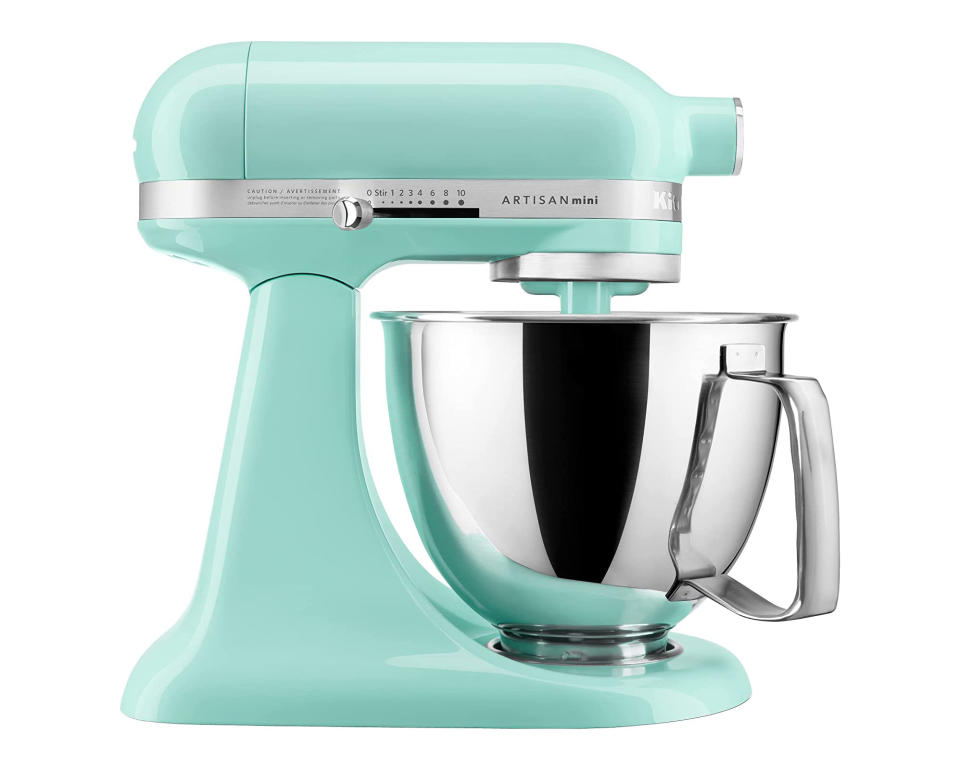 A bright blue kitchemaid stand mixer