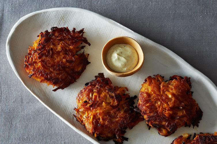 Sweet Potato Cakes with Curried Yogurt