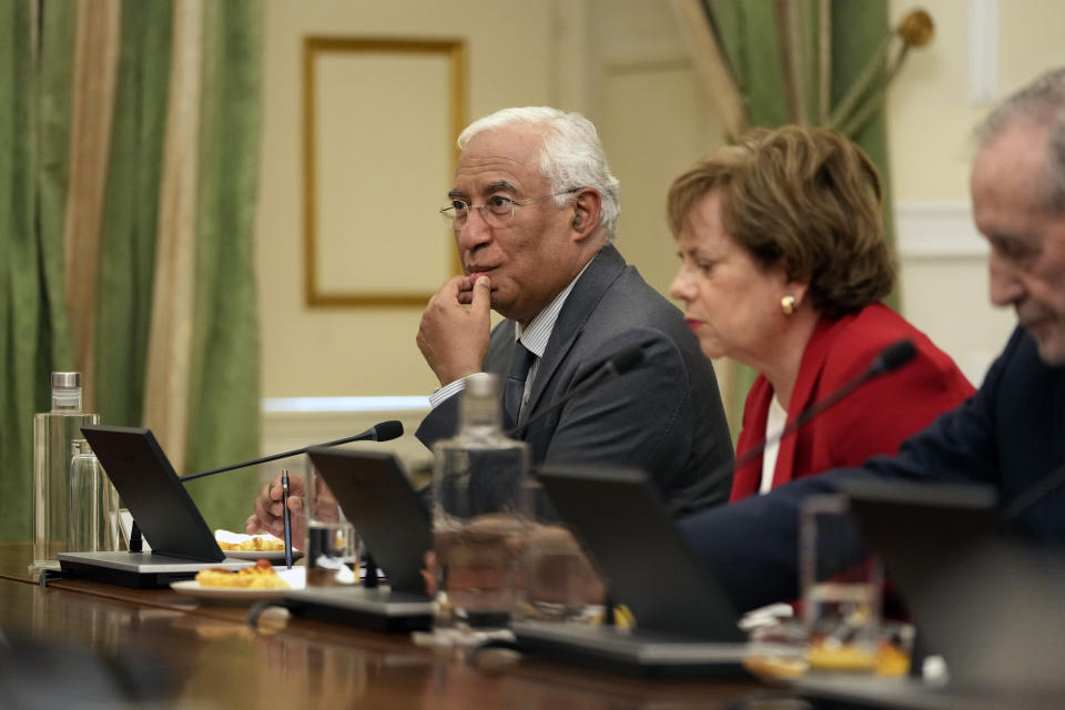 Outgoing Portuguese Prime Minister Antonio Costa, left, attends the State Council meeting called by President Marcelo Rebelo de Sousa at the Belem presidential palace in Lisbon, Thursday, Nov. 9, 2023. On Tuesday, Prime Minister Costa resigned while his government is involved in a widespread corruption probe. After the council meeting, Rebelo de Sousa is expected to announce if he will call early elections or try to appoint a new prime minister. (AP Photo/Armando Franca)