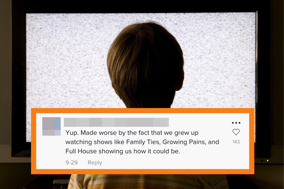 little boy watching tv static by himself overlaid with a tiktok comment saying that the family shows gen xers grew up on made things worse by showing how a family could be