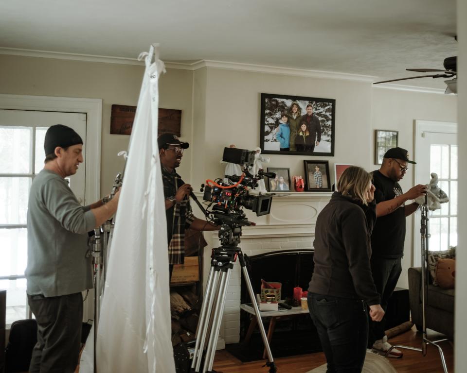 The film crew for 'The Christmas Letter' work on the set of the movie in Utica, NY on Wednesday, January 10, 2024.