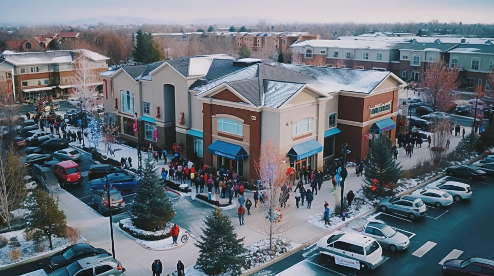 Aerial view of a neighborhood center with many holiday shoppers.