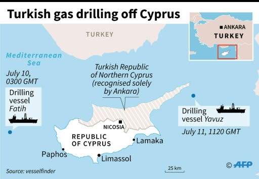 Map locating Turkish gas drilling vessels off Cyprus earlier in July