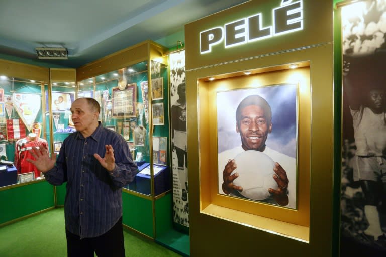 Nikolai Khudobin at his museum dedicated to retired Brazilian professional football player Edson Arantes do Nascimento known as Pele, in eastern Ukrainian city of Lugansk