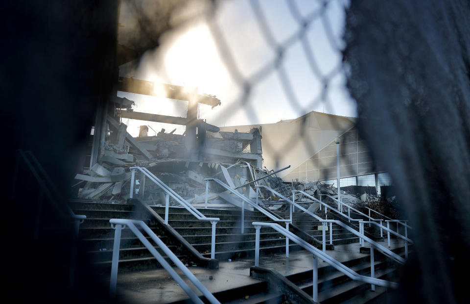 <p>Steps leading to what was the Georgia Dome stand beside rubble after the stadium was imploded next to Mercedes-Benz Stadium at right, the new home of the Atlanta Falcons, in Atlanta, Monday, Nov. 20, 2017. The dome was not only the former home of the Atlanta Falcons but also the site of two Super Bowls, 1996 Olympics Games events and NCAA basketball tournaments among other major events. (AP Photo/David Goldman) </p>