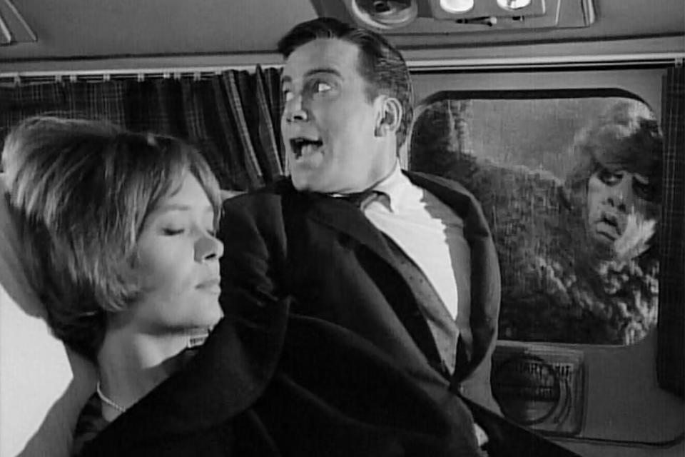 LOS ANGELES - OCTOBER 11: From left Christine White (as Julia Wilson), William Shatner as airline passenger Bob Wilson, reacts to a gremlin on the plane's wing, played by Nick Cravat. 'Nightmare At 20,000 Feet,' episode of The Twilight Zone. Initial television broadcast on October 11, 1963. Image is a frame grab. (Photo by CBS via Getty Images)