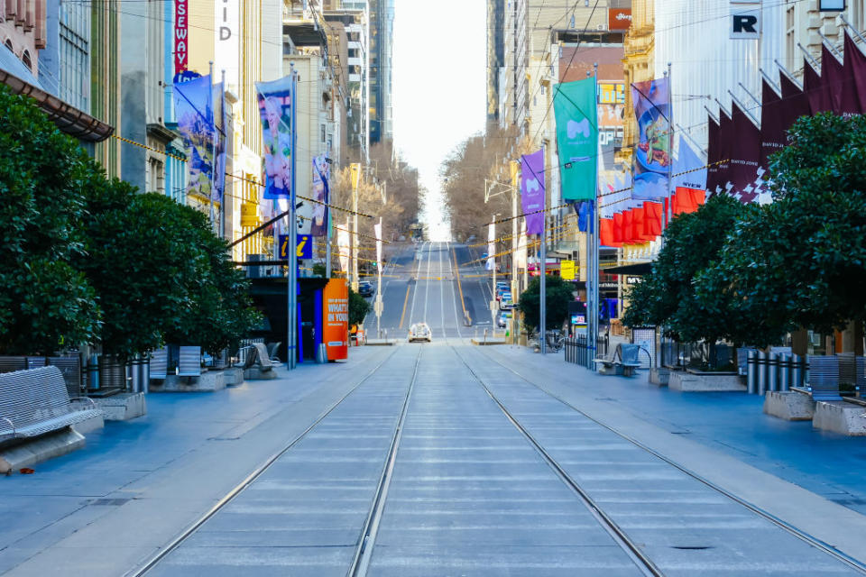 Bourke St Mall within Melbourne CBD is quiet and deserted during the Coronavirus pandemic.