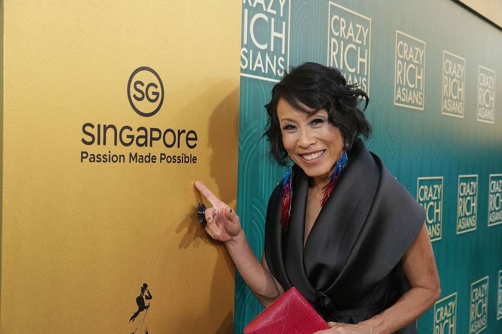 Singaporean actress Tan Kheng Hua at the “Crazy Rich Asians” premiere in Hollywood, with the Singapore Tourism Board’s tagline logo. (PHOTO: Warner Bros)