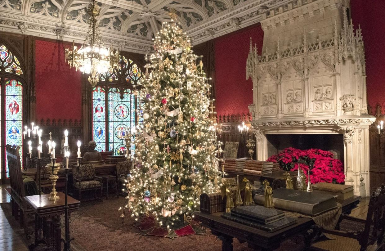 The library at Marble House in Newport, decorated for Christmas.