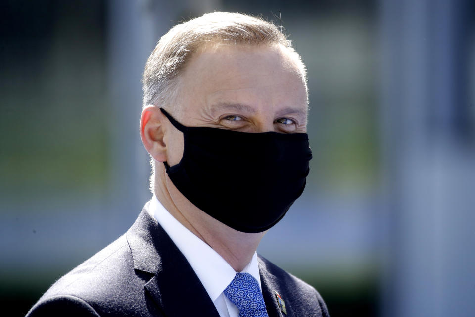 Poland's President Andrej Duda arrives for a NATO summit at NATO headquarters in Brussels, Monday, June 14, 2021. U.S. President Joe Biden is taking part in his first NATO summit, where the 30-nation alliance hopes to reaffirm its unity and discuss increasingly tense relations with China and Russia, as the organization pulls its troops out after 18 years in Afghanistan. (Olivier Hoslet, Pool via AP)