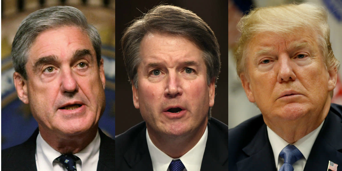 If Brett Kavanaugh (center) is confirmed to the Supreme Court and if President Donald Trump (right) responds to a potential barrage of congressional subpoenas in the next Congress by making good on his threat to fire special counsel Robert Mueller (left), the new justice could be put in a very tough situation. (Photo: GETTY/AFP/REUTERS)