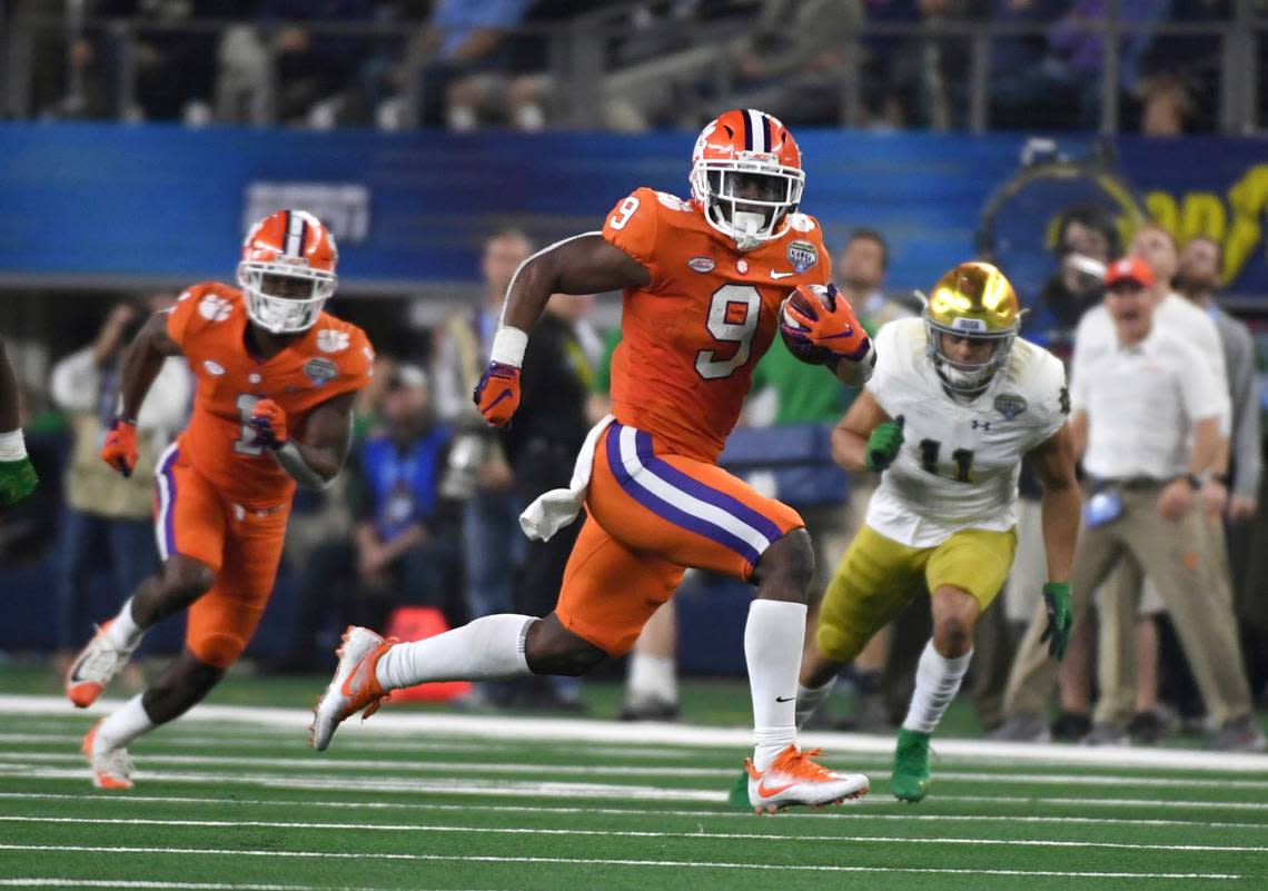 Clemson’s Travis Etienne topped the 100-yard mark against Notre Dame in the 2018 Cotton Bowl.