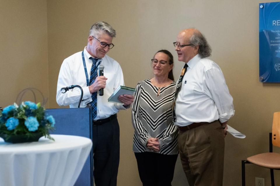 At a recent retirement celebration held for Drs. Alejandro and Janet Alvarado, James M. Bock, MD, chief physician executive of HSHS Medical Group, expresses his gratitude to both Drs. Alvarado for their long-term commitment to the health of families in Highland. Provided