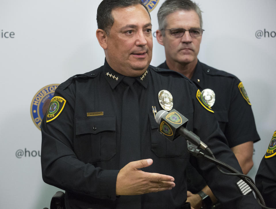 Houston Police Chief Art Acevedo speaks during a press conference, Friday, Sept. 13, 2019, in Houston. A Houston police officer was hospitalized in stable condition after he was shot in a struggle with a suspect who along with three others stole two vehicles and attempted to kill a priest in a crime spree that played out as Democratic presidential candidates debated just miles away, the city's police chief said Friday. (Yi-Chin Lee/Houston Chronicle via AP)