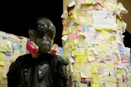 Lung poses before "Lennon Wall" in Sha Tin district of Hong Kong