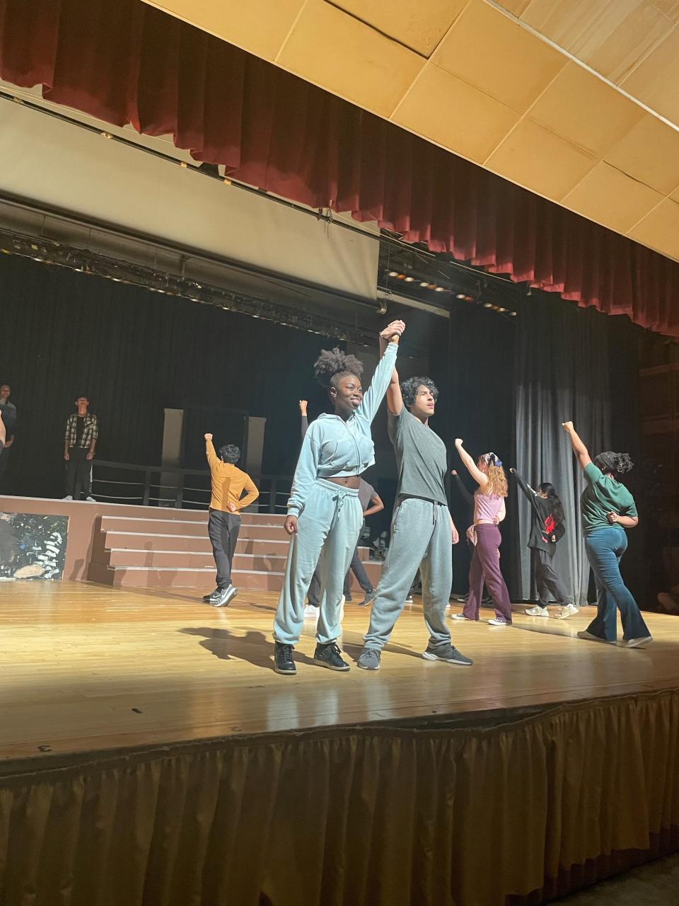 Berthinna Valsaint (Ariel) and Benjamin Mejia (Ren) rehearse the Act I finale “I’m Free” for the Ramapo High School Players’ production of "Footloose."