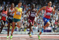 LONDON, ENGLAND - AUGUST 06: Jeffrey Riseley of Australia, Musaeb Abdulrahman Balla of Qatar and Wesley Vazquez of Puerto Rico compete in the Men's 800m heat on Day 10 of the London 2012 Olympic Games at the Olympic Stadium on August 6, 2012 in London, England. (Photo by Michael Regan/Getty Images)