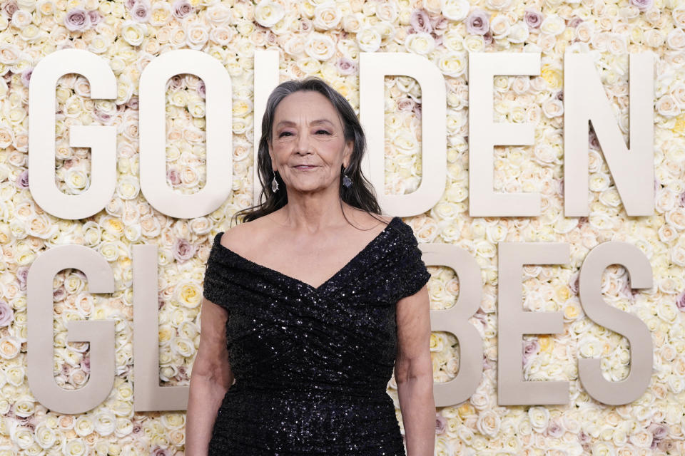 Tantoo Cardinal arrives at the 81st Golden Globe Awards on Sunday, Jan. 7, 2024, at the Beverly Hilton in Beverly Hills, Calif. (Photo by Jordan Strauss/Invision/AP)