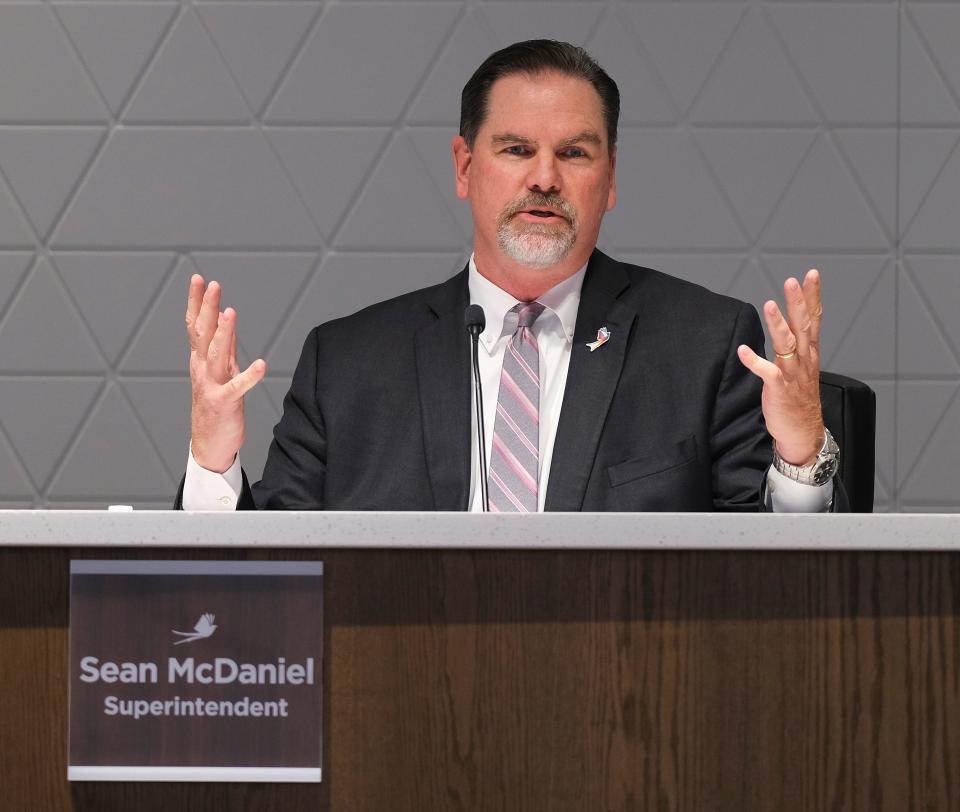 Superintendent Sean McDaniel speaks during an Oklahoma City Public School Board meeting on April 12, 2021.