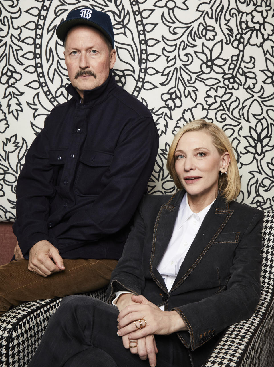 Todd Field, left, and Cate Blanchett pose for a portrait on Oct. 2, 2022, in New York to promote the film Tár,” in which Blanchett plays a trailblazing conductor whose status is threatened amid a misconduct scandal of her own making. (Photo by Matt Licari/Invision/AP)