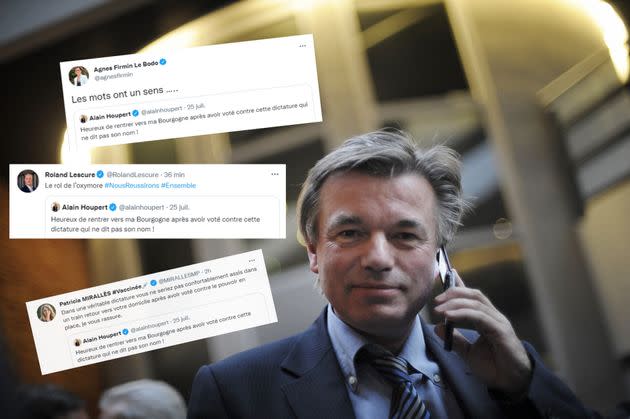 Un montage d'Alain Houpert après son élection au Sénat en 2008 et des messages en réaction à son tweet. (Photo: JEFF PACHOUD / AFP)