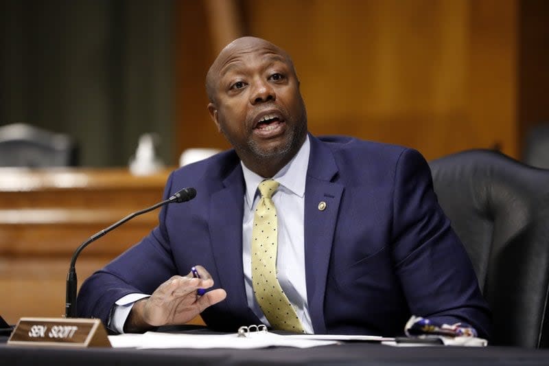 Sen. Tim Scott, R-S.C., speaks during a Senate Health Education Labor and Pensions Committee hearing on new coronavirus tests on Capitol Hill in Washington. (AP Photo/Andrew Harnik, Pool, File)