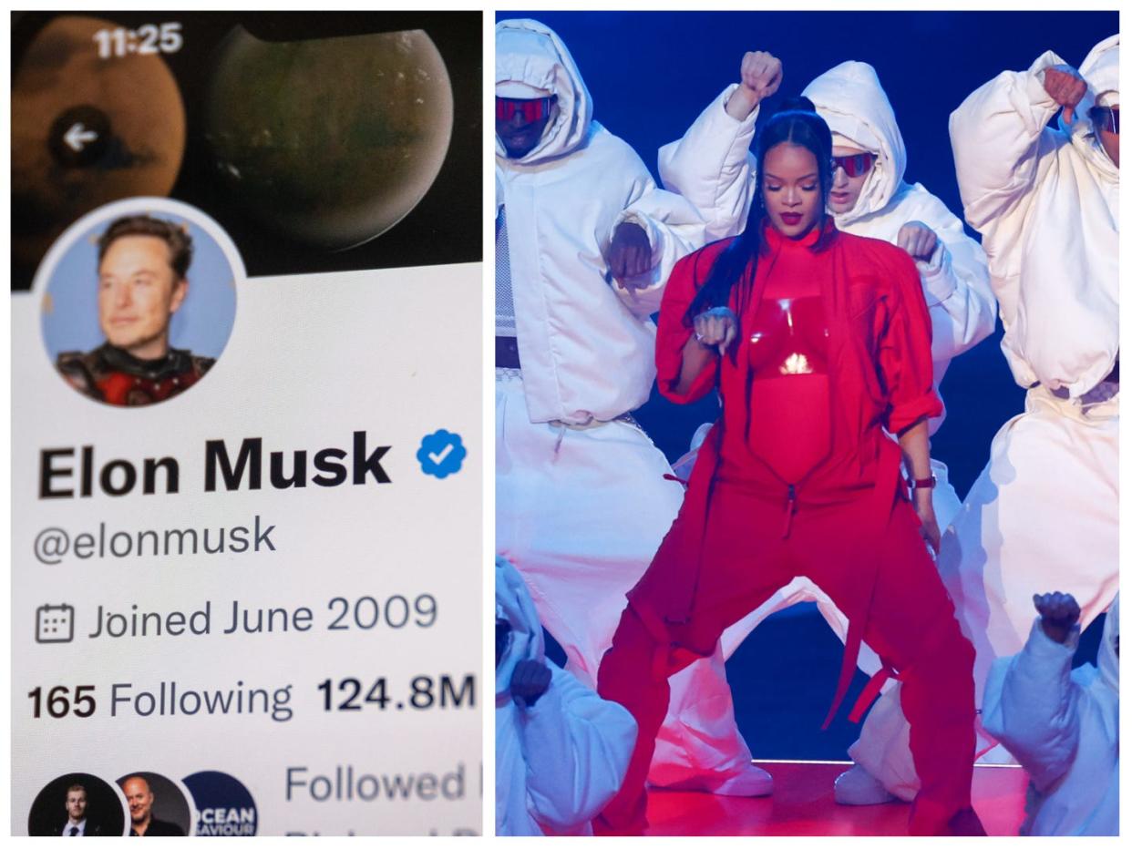 Elon Musk's Twitter profile and Rihanna performing at Super Bowl LVII