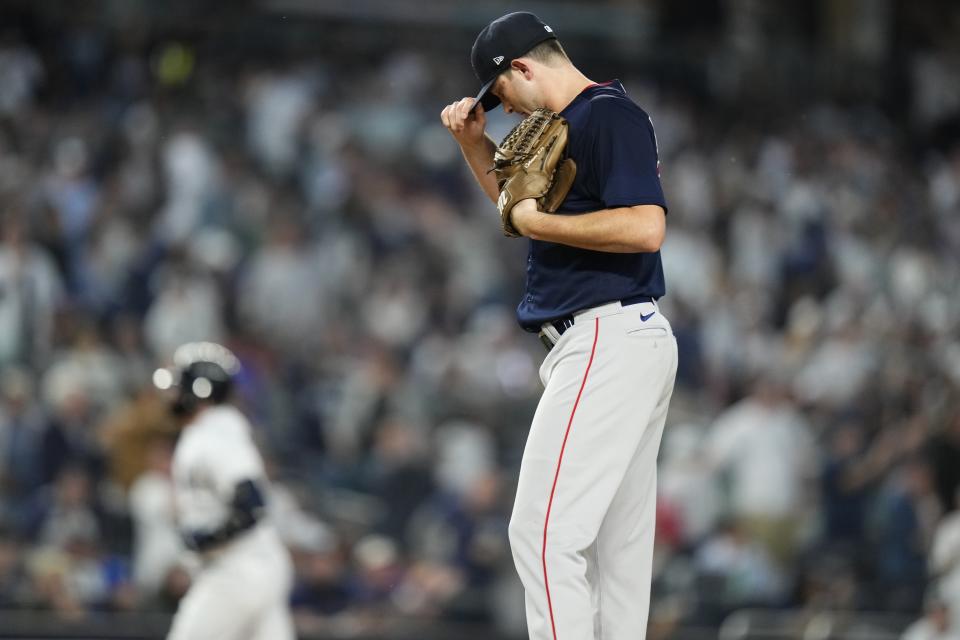 Boston Red Sox starting pitcher Garrett Whitlock waits as New York Yankees' Josh Donaldson runs the bases on a home run during the sixth inning of a baseball game Friday, June 9, 2023, in New York. (AP Photo/Frank Franklin II)