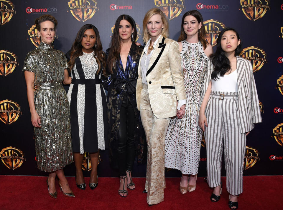 From left: Sarah Paulson, Mindy Kaling, Sandra Bullock, Cate Blanchett, Anne Hathaway, and Awkwafina at CinemaCon 2018