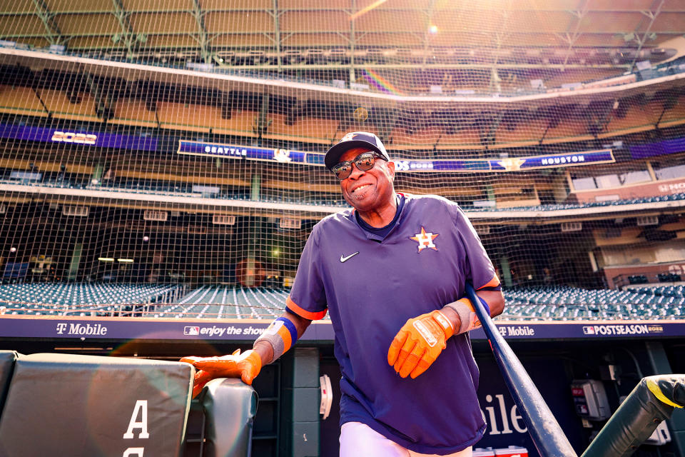 HOUSTON, TEXAS - OCTOBER 10: Dusty Baker Jr. #12 of the Houston Astros walks out from the dugout during a divisional series workout at Minute Maid Park on October 10, 2022 in Houston, Texas. (Photo by Carmen Mandato/Getty Images)