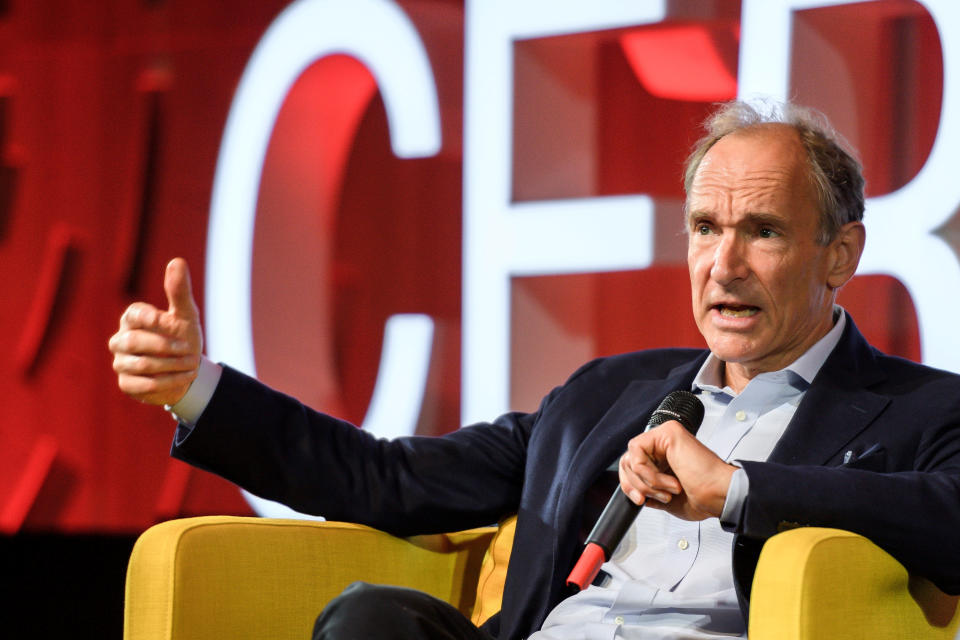 World Wide Web inventor Tim Berners-Lee delivers a speech during an event marking 30 years of World Wide Web, on March 12, 2019 at the CERN in Meyrin near Geneva, Switzerland. Fabrice Coffrini/Pool via REUTERS