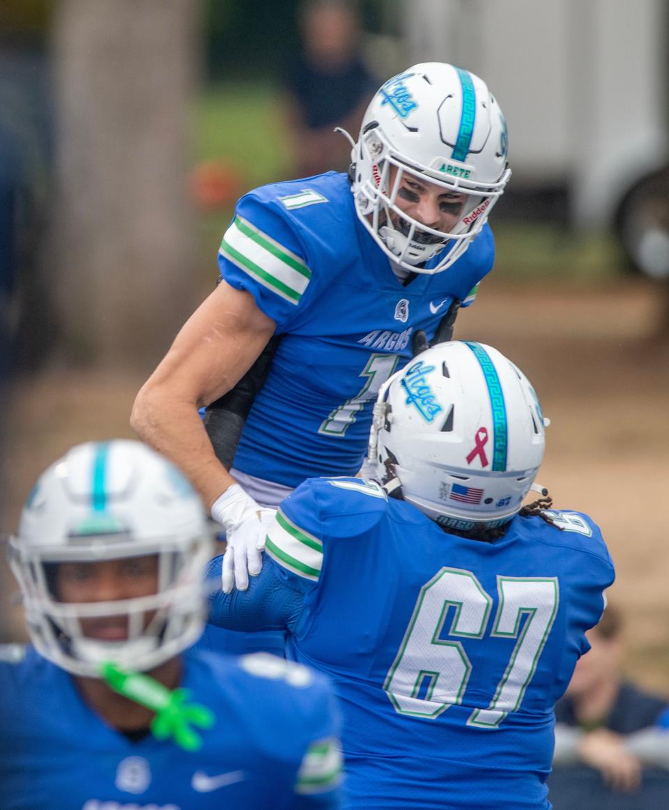 West Florida Argo Caden Leggett (1) celebrates after scoring a touchdown during the final game of the regular season against Chowan Saturday, Novermber 11, 2020 at the University of West Florida.