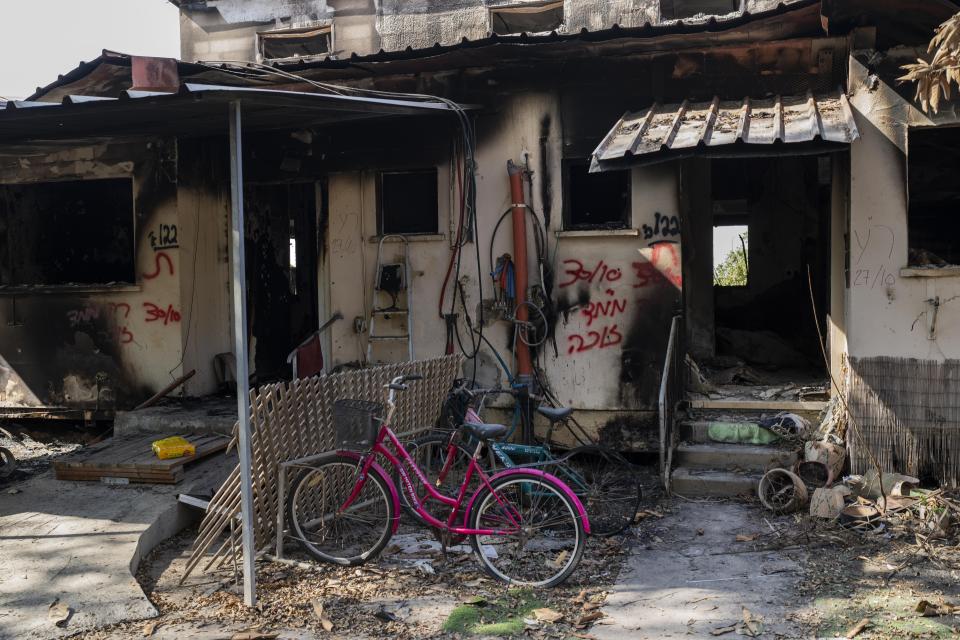 CORRECTS NAME OF KIBBUTZ - The remains of a house at kibbutz Kissufim, Israel, near the Gaza Strip, Wednesday, Nov. 1, 2023. The kibbutz was attacked by Hamas on Oct. 7, killing and capturing members of its community. (AP Photo/Bernat Armangue)