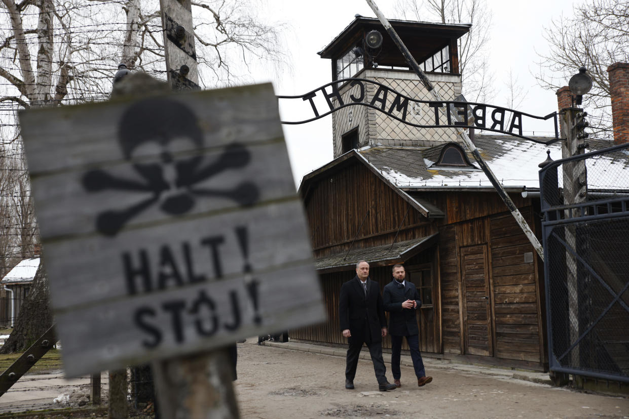 Second Gentleman Douglas Emhoff, left, visits the former Nazi German concentration and extermination camp KL Auschwitz during ceremonies marking the 78th anniversary of the liberation of the camp in Oswiecim, Poland, Friday, Jan. 27, 2023. (AP Photo/Michal Dyjuk)