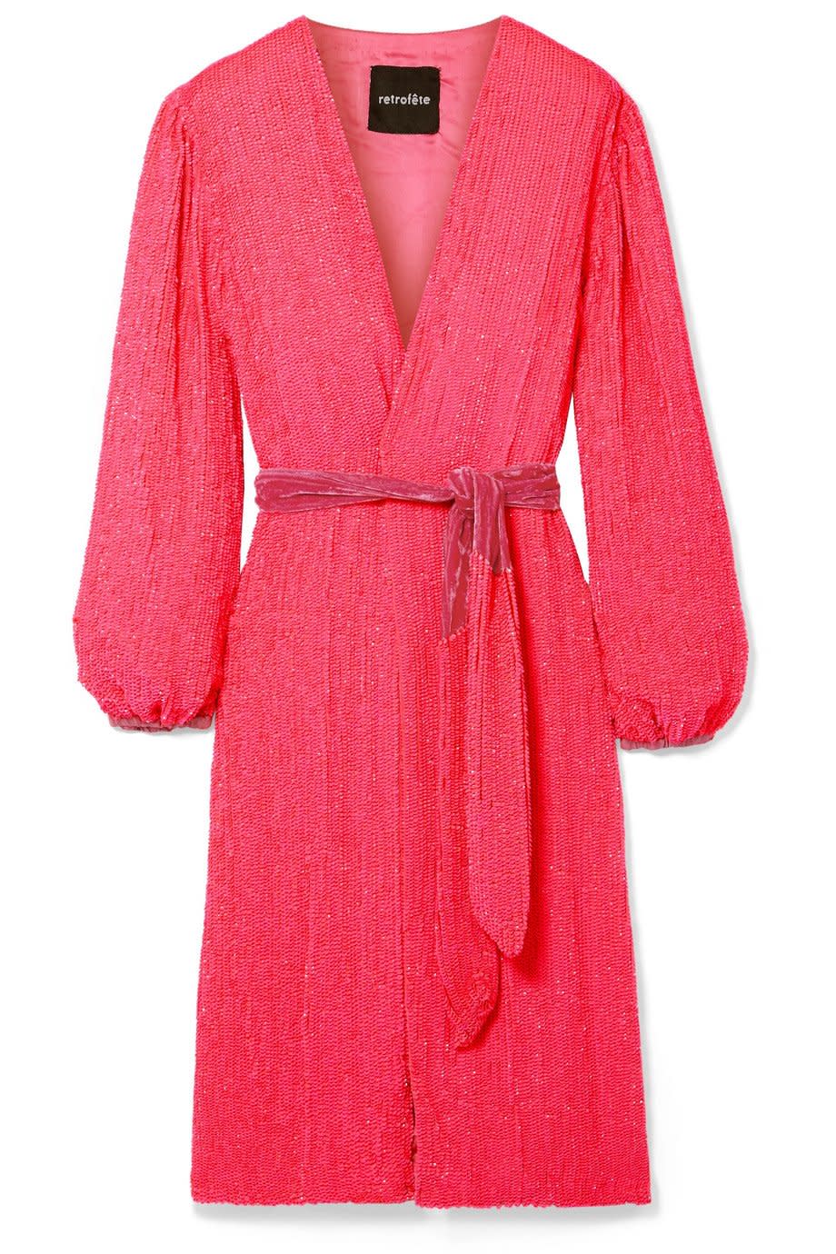 <b>Buy It!</b> Retrofete Audrey Velvet Wrap Dress, $795; <a href="https://click.linksynergy.com/deeplink?id=93xLBvPhAeE&mid=24449&murl=https%3A%2F%2Fwww.net-a-porter.com%2Fus%2Fen%2Fproduct%2F1142690%2FRetrofete%2Faudrey-velvet-trimmed-neon-sequined-chiffon-wrap-dress&u1=PEO%2CShopping%3A15GorgeousWrapDressestoShopThisSummer%2CInspiredbyMeghanMarkleandMoreCelebs%2Crcarhart31%2CUnc%2CGal%2C7085788%2C201905%2CI" rel="nofollow noopener" target="_blank" data-ylk="slk:net-a-porter.com;elm:context_link;itc:0;sec:content-canvas" class="link ">net-a-porter.com</a>