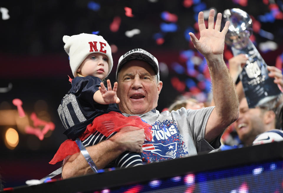 <p>Head Coach Bill Belichick of the New England Patriots celebrates with his granddaughter Blakely after the Super Bowl LIII at Mercedes-Benz Stadium on February 3, 2019 in Atlanta, Georgia. The New England Patriots defeat theLos Angeles Rams 13-3. (Photo by Harry How/Getty Images) </p>