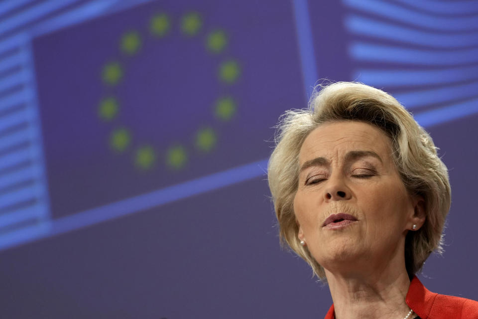 European Commission President Ursula von der Leyen speaks during a media conference at EU headquarters in Brussels, Monday, December 12, 2022. (AP Photo/Virginia Mayo)