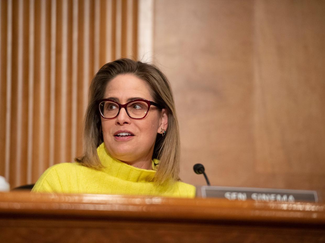 Sen. Krysten Sinema speaks during a Senate Homeland Security and Governmental Affairs Committee hearing to examine the nominations of Shalanda D. Young to be Director and Nani Coloretti to be Deputy Director of the Office of Management and Budget on February 1, 2022 at the US Capitol in Washington, DC.