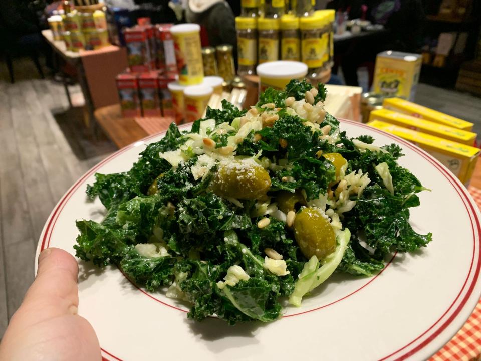 The kale salad at S. Maranto's comes with sweet green olives.