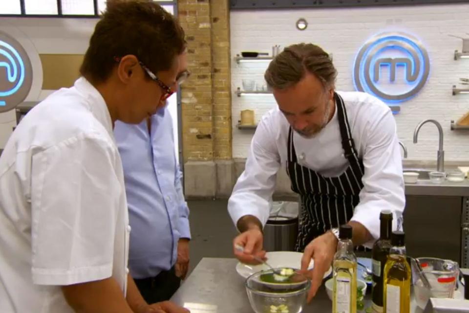 Finishing touches: Marcus Wareing demonstrates his watercress soup recipe (BBC)