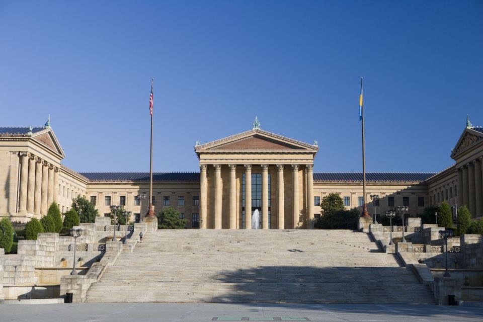 <p>The Art Museum in <a href="https://www.countryliving.com/life/travel/a22760750/patriotic-sights-ultimate-philadelphia-road-trip/" rel="nofollow noopener" target="_blank" data-ylk="slk:Philadelphia;elm:context_link;itc:0;sec:content-canvas" class="link ">Philadelphia</a> is what made the “Rocky Steps.” You can’t visit the museum without seeing photos being taken of tourists raising their fists in the air reenacting the movie’s training montage, when Sylvester Stallone runs up all 72 stone steps. The movie went on to win Best Picture at the 1977 Oscars.</p>